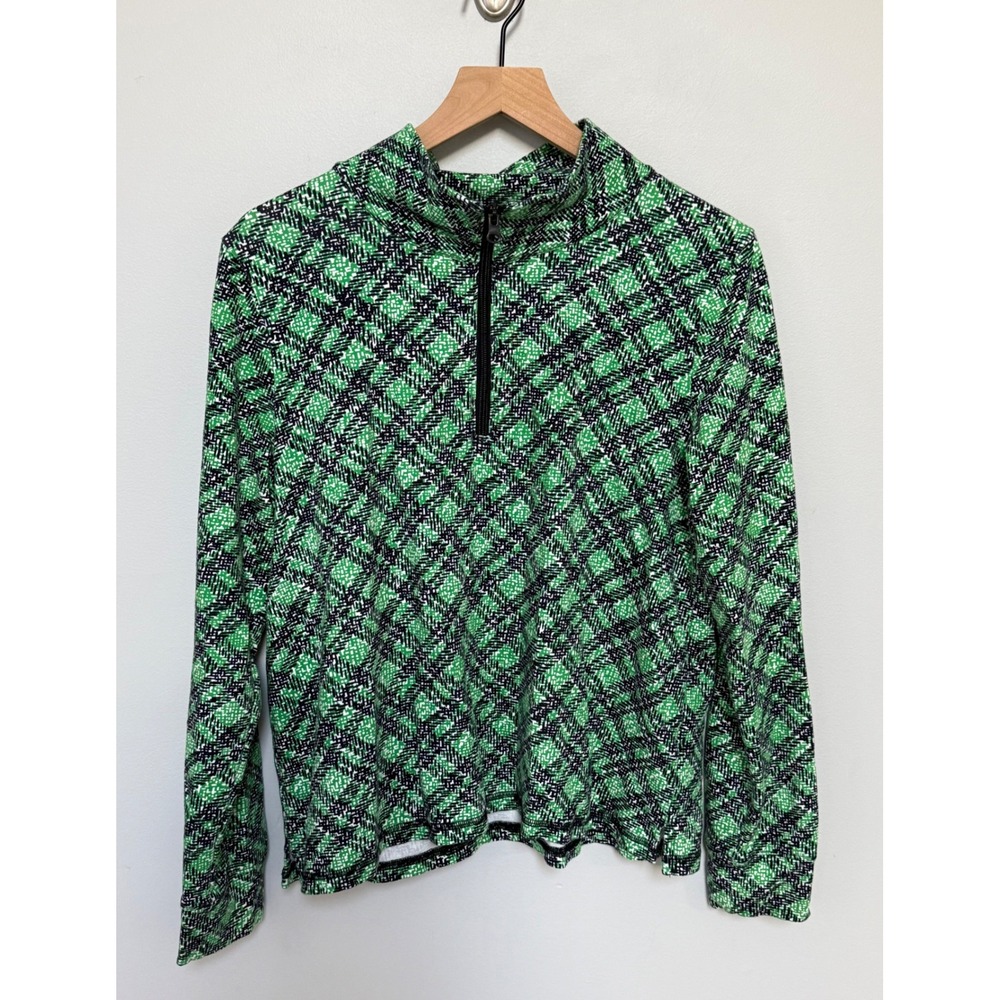 T by Talbots Picnic Plaid Half Zip Pullover Mock Neck Top Green Black Size L